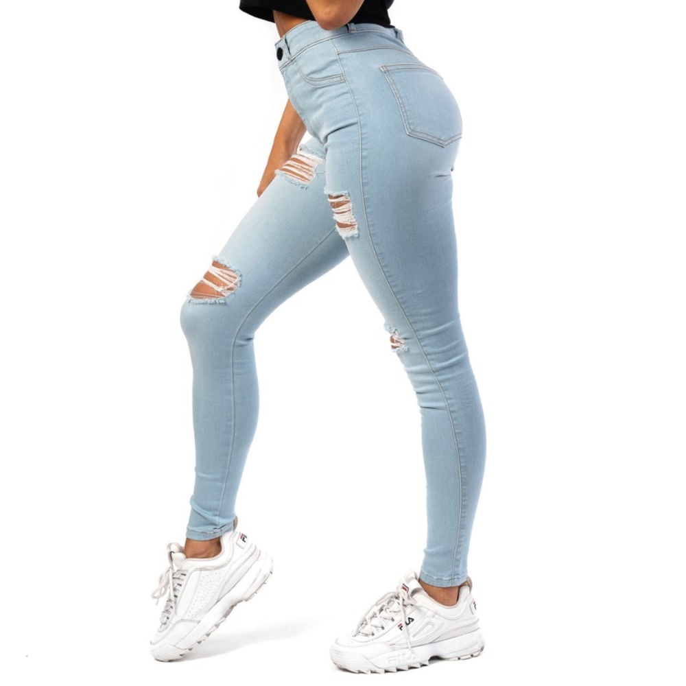 Fit Jeans 4 Hole Ripped High Waisted Jeans VINTAGE BLUE Size Small